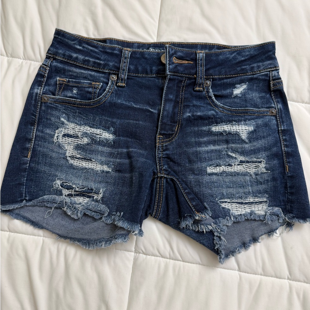 American Eagle Outfitters Dark Blue Distressed Jean Shorts